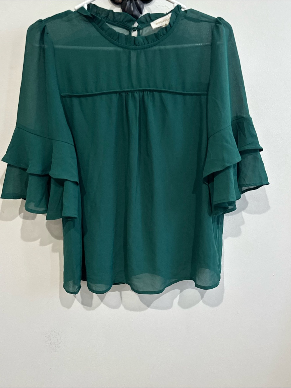 Ruffle Sleeve Sheer Blouse in Dark Green